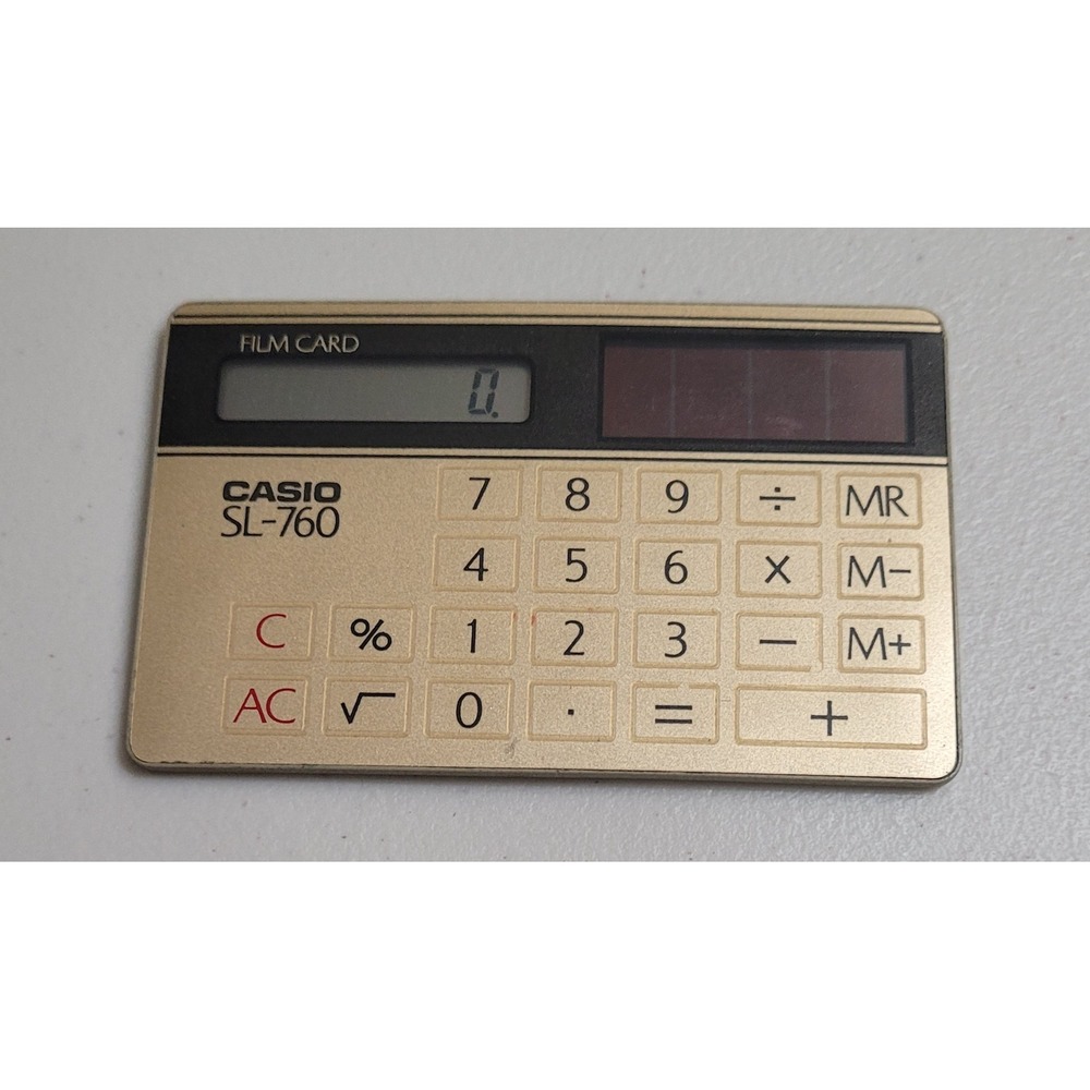 Casio SL-760 Film Card Solar Calculator Gold Vintage Wallet Size with Case